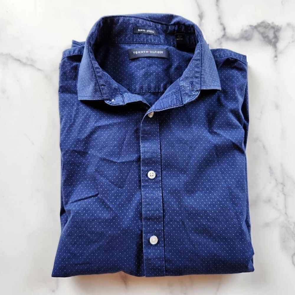 Tommy Hilfiger slim fit men's medium button up dress shirt mini polka dot 15.5